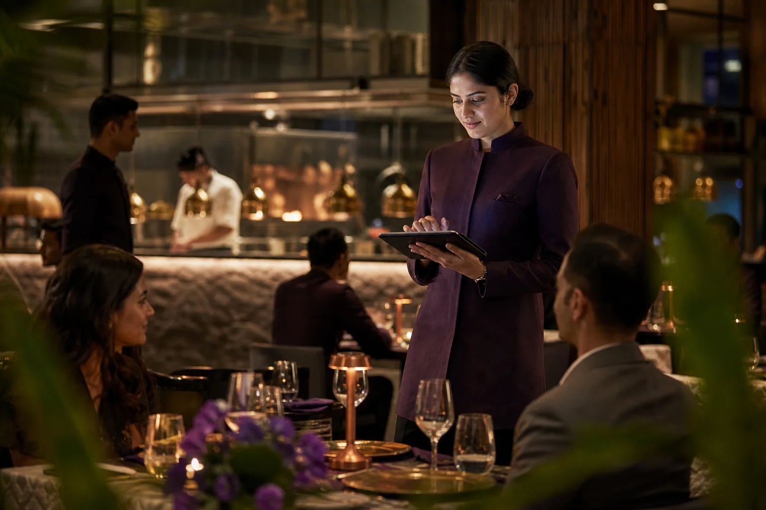Restaurant captain taking an order on a tablet during service